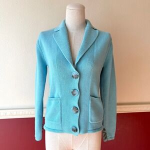 Alps‎ Turquoise Blue 100% Cotton Button Front Blazer Cardigan Sweater PS Coastal